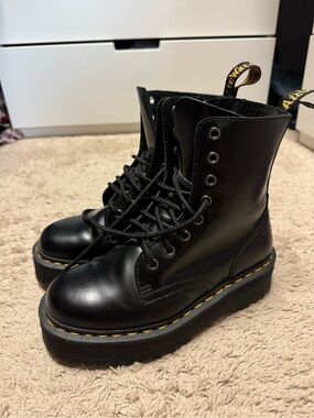 Dr. Martens Black Leather Platform Combat Boots with Yellow Stitching